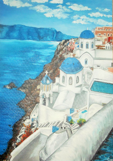 voyage à Santorin peinture à l'huile ville de oia entourée d'un décor bleu 